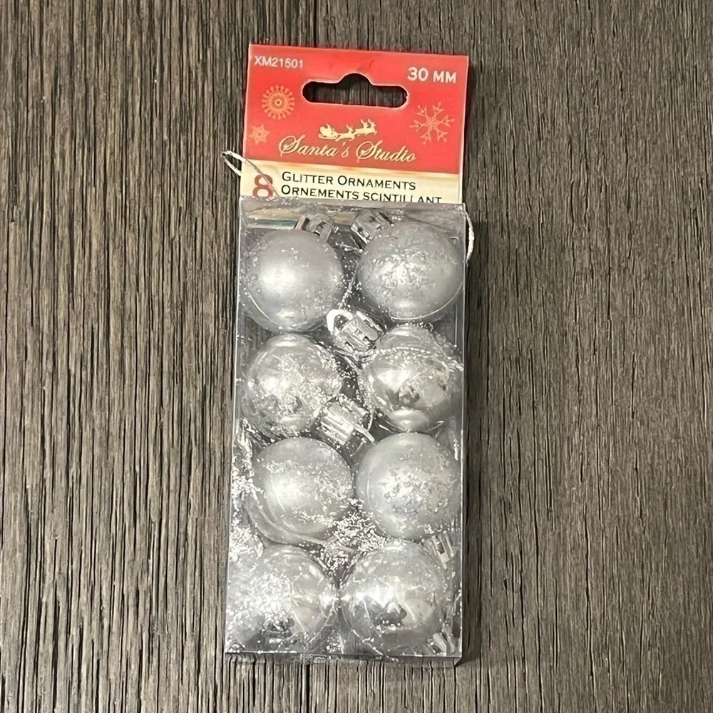 8 Mini Glitter & Silver Christmas Ornaments